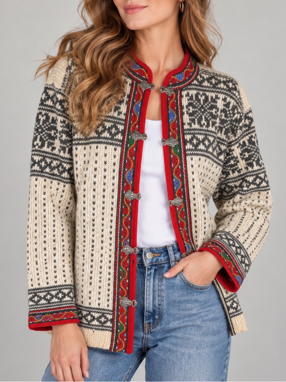 Vintage Nordstrikk 100% Wool Sz M Fair Isle Nordic Metal Button Cardigan Sweater